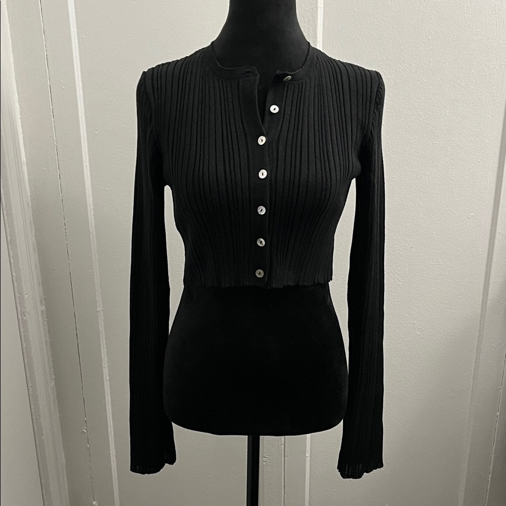 Mango black, ribbed-knit cropped cardigan